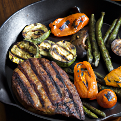 A seasoned cast iron skillet with a deliciously seared steak and roasted vegetables.